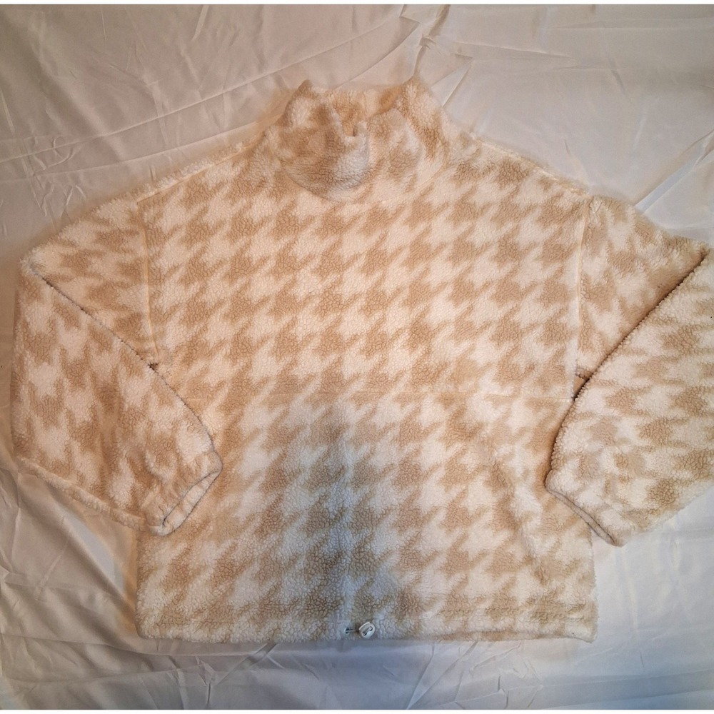Ebb & Flow Houndstooth Sherpa Fleece Mock Neck Pullover Tan Cream B582ME M